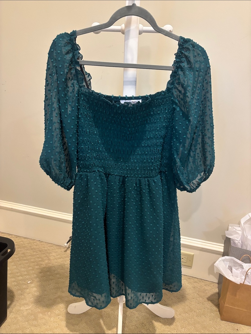 Mimi Chica Teal Smocked Swiss Dot Puff-Sleeve Dress